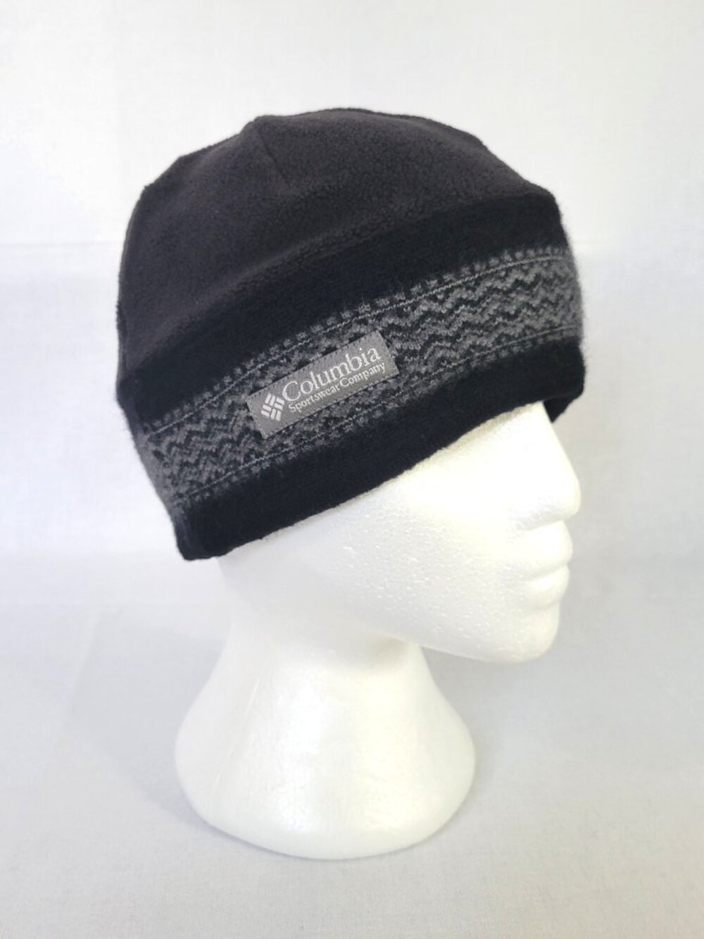 Columbia Fleece Beanie Hat Black Grey Chevron Knit Wool Blend Skull Cap OS